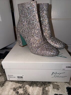 Betsey Johnson Silver Rhinestone Ankle Boots with Teal Heel Accent